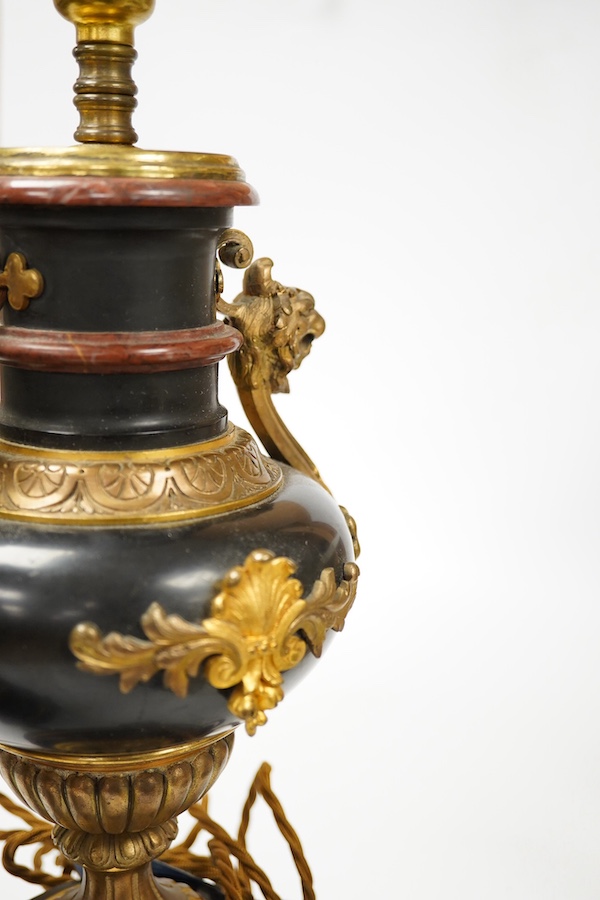 A pair of ormolu, rouge and black marble table lamps, 42cm including fitting. Condition - good